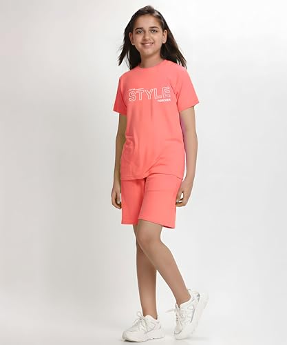 Image of KYDA KIDS Girls 100% Cotton Bio Washed Printed T-Shirt and Shorts Co-ords Clothing Set | Premium Soft & Breathable Summer Casual Comfort Outfit for Girls