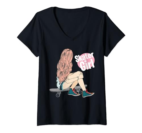 Donna Skater Girl Outfit Skateboard Design Ragazza Donna Maglietta con Collo a V