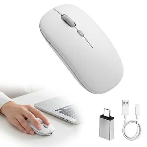 Wireless Mouse Bluetooth 5.2 & 2.4GHz USB &USB-C Receiver Rechargeable Dual Mode Mice 3 Adjustable DPI 1600/1200/800 for MacBook Pro Air iPad Laptop Desktop PC Tablet Quiet Click Ergonomic White