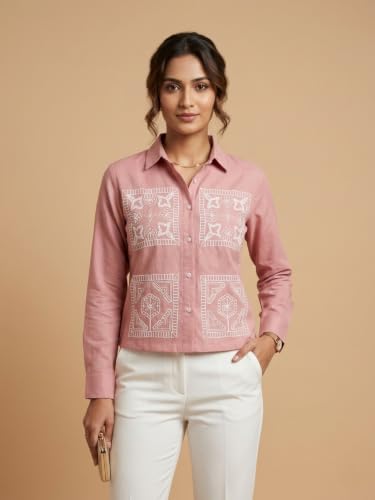 Image of Stylish Women's Embroidered Shirts | Geometric Pattern Half Sleeve Collared Button-Up Casual Shirt for Women