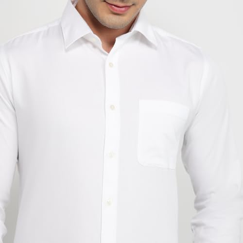 Image of Raymond Men Slim Fit Solid Pattern Pure Cotton Semi Cutaway Collar Full Sleeve Formal Shirt