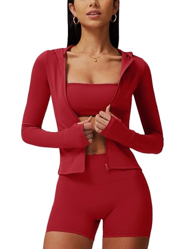 Workout Sets for Women 3 Piece High Waisted Seamless Shorts UPF 50+ Long Sleeve Jacket Stretchy Sports Bra Sets