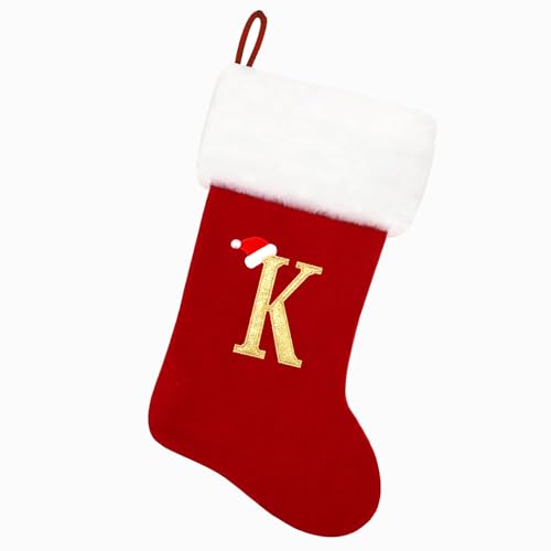 Tokforty 20 Inches Red Velvet with White Super Soft Plush Cuff Monogram Christmas Stockings, Xmas Personalized Embroidered Letter Stockings for Family Holiday Decorations and Xmas Tree Fireplace（K）