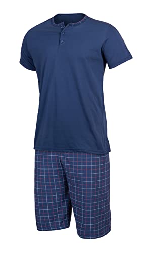 HEYO Schlafanzug Herren Kurz Pyjama aus Baumwolle Zweiteiliges Set Shorts T-Shirt (Dunkelblau Karriert, L)