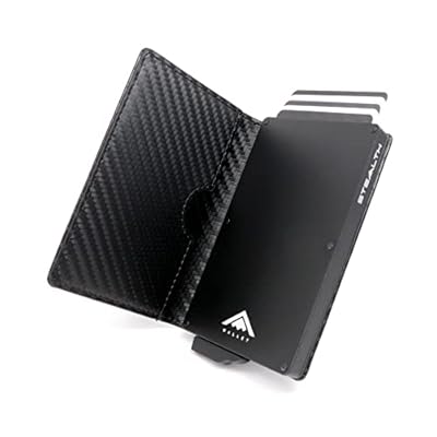 Stealth Wallet Tarjetero Hombre con Protección RFID - Cartera Tarjetero con Pop Up y Caja de Regalo - Porta Tarjetas de Crédito de Metal Delgado y Ligero (Aluminio Negro, Cuero de Carbono Negro) | Ya disponible en tu tienda friki favorita! En mundofriki.es!