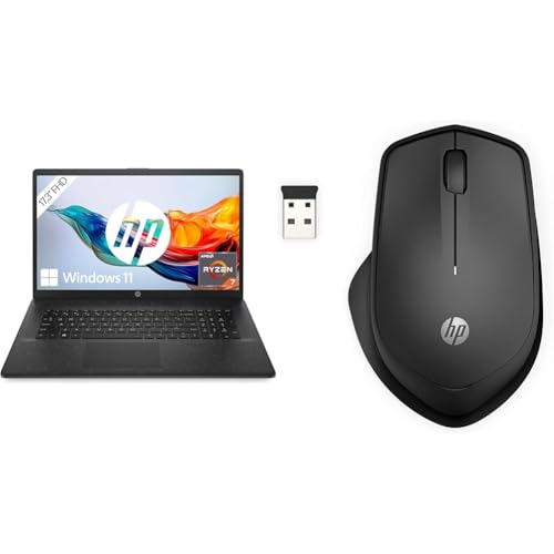 HP Laptop mit 17,3 Zoll FHD Display, AMD Ryzen 7 7730U, 16 GB DDR4 RAM, 512 GB SSD, AMD Radeon-Grafik, Windows 11, QWERTZ Tastatur, Schwarz mit HP 280 Silent Wireless Maus, Schwarz