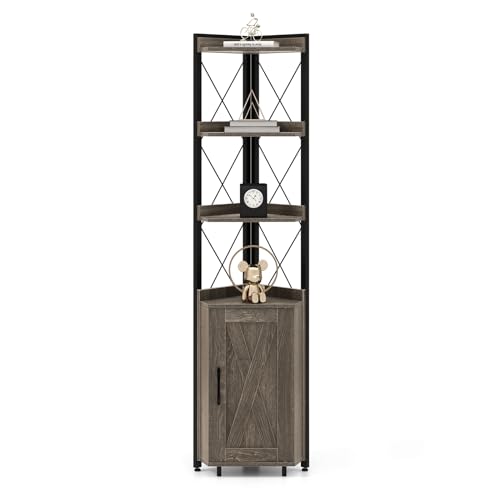 COSTWAY Estantería para Esquina de 6 Niveles, Librería Industrial con Armario con Puerta, 4 Estantes Abiertos y Armario de 2 Niveles, Estante Resistente con Marco de Metal para Sala de Estar (Gris)