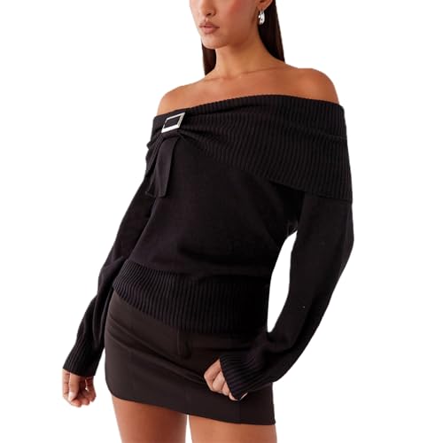 Image of Women Cute Off The Shoulder Sweater Sexy Long Sleeve Slouchy Knit Loose Fit Pullover Top Going Out Knitwear Jumper