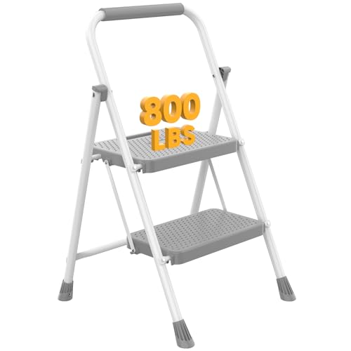 NEWBULIG 2 Step Ladder Folding Step Stool for Adults with Safety Lock Anti-Slip Design Portable Foldable Ladder for Home Kitchen Garage & Outdoor Use Grey