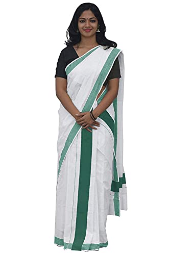 Settu Mundu coton femme sari traditionnel indien écru vert _1051