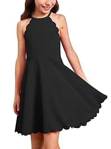 21KIDS Girls Halter Neck Sleeveless Dress Kids Summer Scalloped Edge A-line Casual Dresses with Pockets for Girls 10 Years, Black