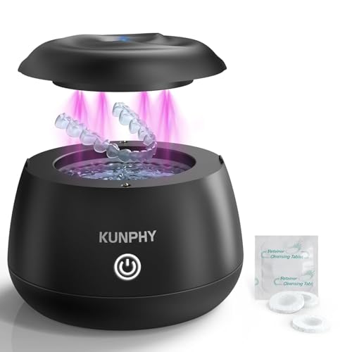 Image of KUNPHY Ultrasonic Retainer Cleaner Machine, 48kHz Dental Cleaning Pod Home | 4 LED Light 48KHz Ultrasound Portable Mouthguard Night Guard Cleaner, IPX7 Waterproof, Quiet 45dB, Overheat Protection, Black
