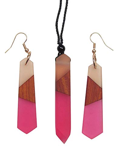 Preisvergleich Produktbild Schmuckset Halskette und Ohrringe dominant rosa aus Harz und Naturholz