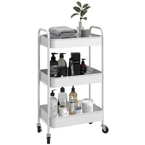 HOMCOM Desserte Chariot de Rangement en Acier Chariot de Service à roulettes 3 Niveaux Plateaux...