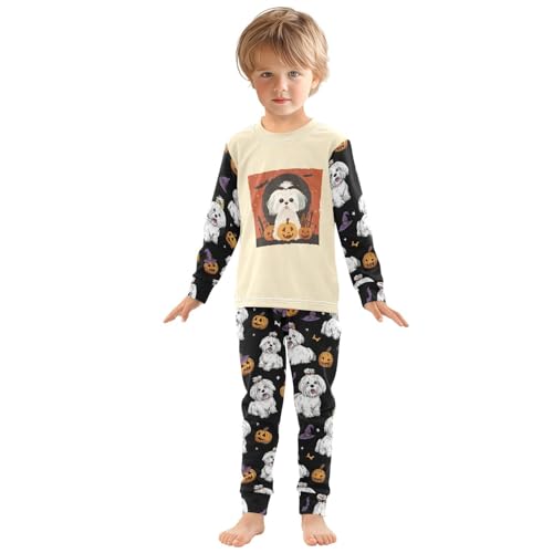 Fustylead Halloween Cartoon Maltese and Pumpkin Long Sleeve Top and Matching Bottom Cotton Pajama Sets3