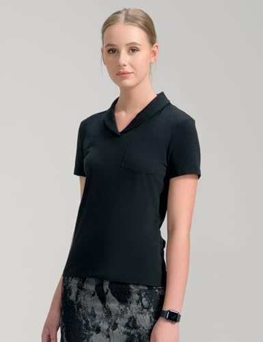 SDEER Camiseta feminina casual, manga curta, gola V, cor pura, com bolso polo, blusas de verão, Pret