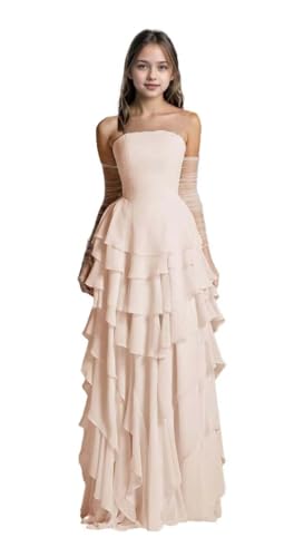 Junior Bridesmaid Dresses Long Tiered Ruffles Flower Girl Dress Strapless Chiffon Girls Wedding Party Dress