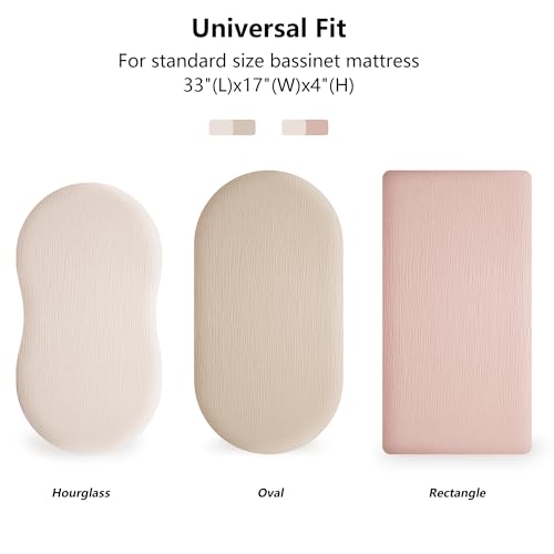 Image of MairMore Muslin Bassinet Sheets for Babies - Soft & Breathable 100% Cotton Fitted Sheets for Oval, Rectangle, Hourglass Bassinet Mattress Pads, 2-Pack (Ivory & Pink)