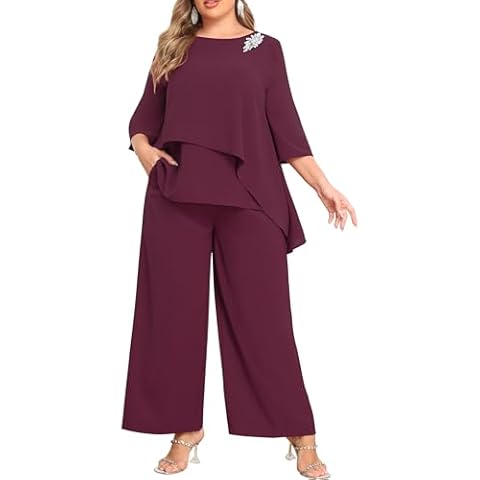 AOVDE Mother of Bride Pantsuits Plus Size 2 Piece Sets Dressy Pant Suits with Pockets for Women Formal Wedding Guest Party Outfit Wine Red 20 Cover