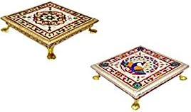 Meenakari Puja Bajot/Table/Chowki (Hindu Pooja, Indian Religious Chaurang), Subh Labh Design,18 x 18 x 4.5 cm, Set of 2