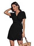 WDIRARA Women's V Neck Wrap Hem A Line Dress Short Sleeve Tie Waist Mini Dresses Black S