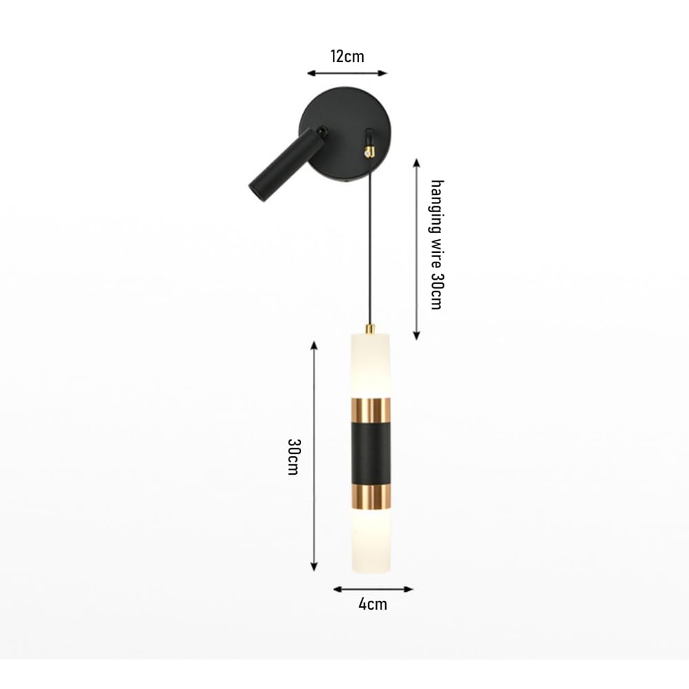 Applique da Parete Nera Moderna Minimalista a LED, Lampada Artistica da Comodino in Alluminio con Filo sospeso, Regolabile 3000K/4000K/6000K, 18W, Applique a Tubo Lungo Dorate per