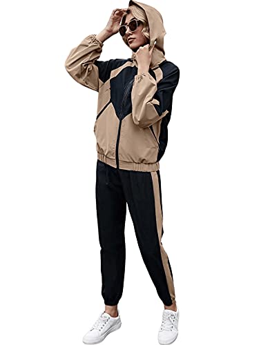 Sweatyrocks Women's 2 Piece Outfits Long Sleeve Full Zip Jacket And Pants Tracksuit Set Khaki Black S #TOP2