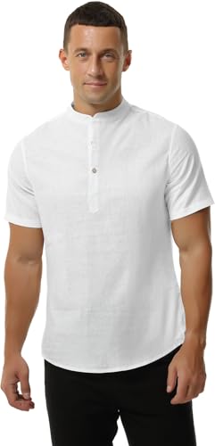 Chemise Henley en Lin et Coton mélangé pour Homme, Manches Courtes, col Bande, Coupe Classique,Blanc,S – vue 6
