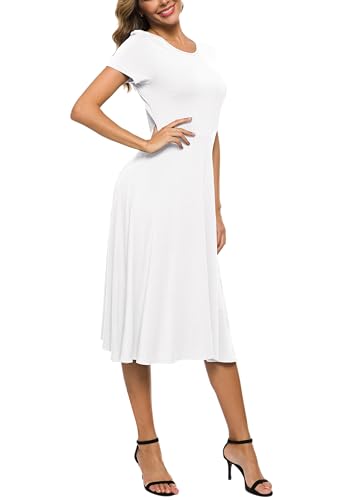 Image of EXCHIC Women's Casual Round Neck Short Sleeve Midi Dress Solid Stretchy Waist Knee Long Dress