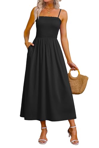 OFEEFAN Black Maxi Dress Spaghetti Strap Spring Long Sundresses for Women with Pockets 2026 Summer Outfits S