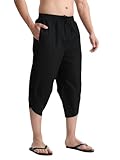 LINMYZAI Black Mens Linen Harem Yoga Pants Summer with Pockets Cropped Trousers 3/4 Lightweight Sweatpants 3XL