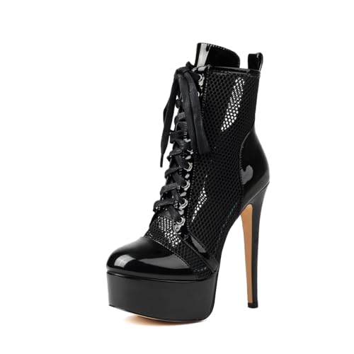 Women's Black Sexy Mesh Closed Toe Ankle Boots Lace-Up Breathable Platform High Heel Bootis