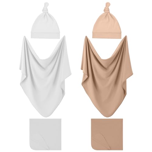 Image of VitalCozy 2 Pack Preemie Swaddle Blanket and Hat Set Preemie Hats Baby Receiving Blanket Swaddle Wrap for Preemie Newborn (White, Khaki)