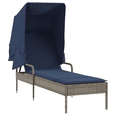 YUOGHRTFE Patio Sun Lounger with Retractable Canopy, Gray Poly Rattan Outdoor Chaise Lounge with Adjustable Backrest and Thick Padded Cushion