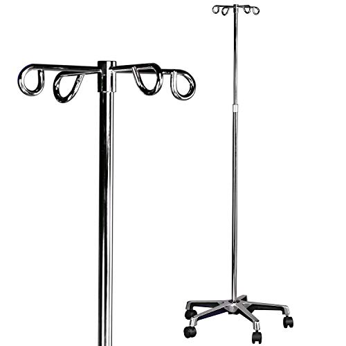 MABIS IV Stand & Rolling Pole, 5 Two Wheel Casters & 4 Prongs to Hold IV Bags, Silver, Height Adjusts from 47 to 82"