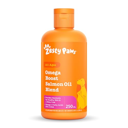 Zesty Paws Omega Boost Salmon Oil for Dogs & Cats, Omega-3 Liquid Fish Oil Supplement to Support Skin, Joint & Coat, Tasty Meal Topper Your Pets Will Love, All Ages, 250mL