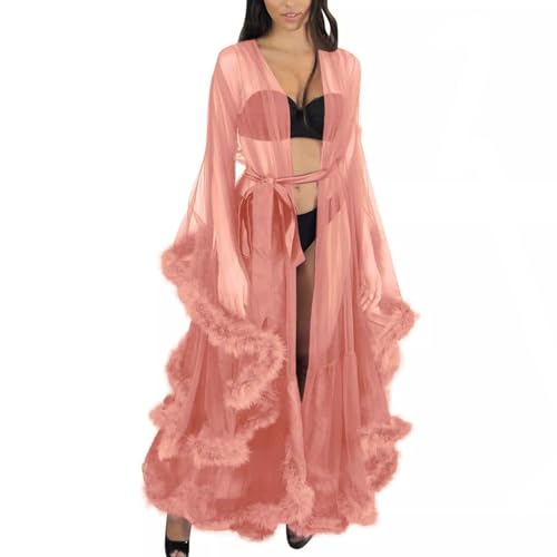 Image of Long Fur Tulle Robe for Women, Maternity Lingerie, Sexy Robe for Maternity Photoshoot