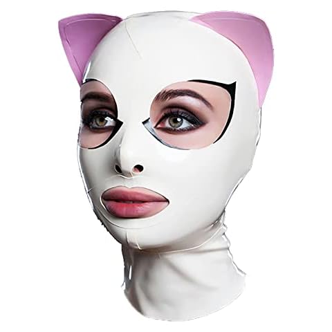 MONNIK Latex Mask Pink Cat Ears Hood with Rear Zipper Handmade for Cosplay Party Latex Catsuit High Elasticity LZY0112 (L) Cover