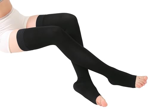 Image of TOFLY 1 Pair Thigh High Open Toe Compression Stockings 15-20mmHg-Comfortable Unisex Design with Silicone Dot Band -Black, X-Large