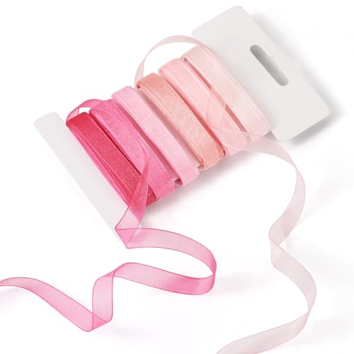 Craftdady 6 Rolls Pink/Hot Pink Ribbons 3/8 inch x 5 Yards Sheer Polyester Ribbon Assorted Fabric Satin Ribbons for Gift Wrapping, Flower Bouquet, Hair Bows Crafts, Wedding Bridal Shower Decor