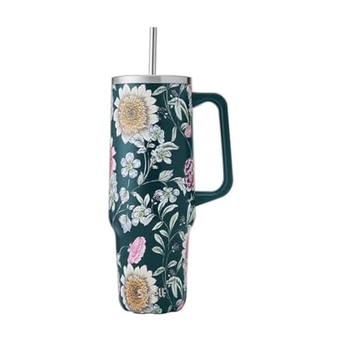 S'well Recycled Stainless Steel Tumbler XL with Straw and Handle, 40oz, Midnight Botanical, Triple Layered Vacuum Insulated Container Keeps Drinks Cold 50 hours and Hot for 10, BPA Free