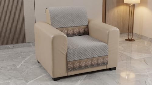 Image of KINGLY Sofa Cover 5 Seater 3+1+1 Velvet Full Cover - Warm Grey | Fully covered quilted velvet slipcover, washable anti-slip thick furniture protector for 3+1+1 living room sofa