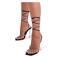 Moda Sandalias Tacón Escarpín, Stiletto Sexy Elegante Mujer Codones Saten Aguja Alto, Zapatos Fino Cordones Transparentes Puntera Cuadrada Zapatos,A,37