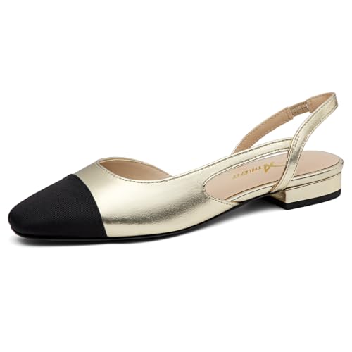 Image of Athlefit Slingback Flats for Women Square Toe Ballet Flats Work Dress Shoes | Two Toned Flats, PU leather with fabric black toe, Business casual shoes, 0.79-inch Heel, Padded insole, Comfortable, Dressy