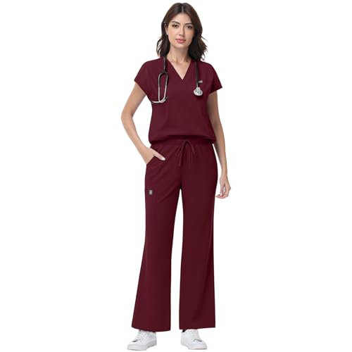 niaahinn Scrub Set for Women - V-Neck Scrub Top & Wide-Leg Pants Medical Uniforms with Stretch Fabric Multiple Pockets (Medium Burgundy)