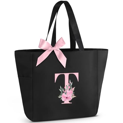 Vavabox Tote Bag, A-Z Initial Monogrammed Waterproof Tote Bag, Bridesmaid Gifts for Women, Black and Pink (T, Black)
