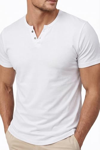 NUOKESASI Men's Casual Slim Fit Basic Henley Short Sleeve Fashion T-Shirt White-Large