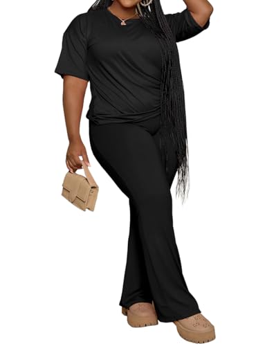 PINSV Womens Plus Size Sets 2 Piece Outfits Casual Short Sleeve Top and Flare Pants Tracksuit4