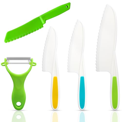 XIANGLONGY 5 Pièces Couteau Cuisine Enfant non Coupante en Plastique, Couteau pour Enfant avec Bord Dentelé pour Couper et Cuire des Fruits ou Légumes