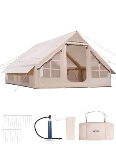 VEVOR Inflatable Tents for Camping, 5-8 Person Easy Setup Blow up Tent with Hand Pump, 300D Oxford Glamping Tent with Stove Jack 2 Doors & 4 Mesh Windows, Storage Bag Included for Easy Taking